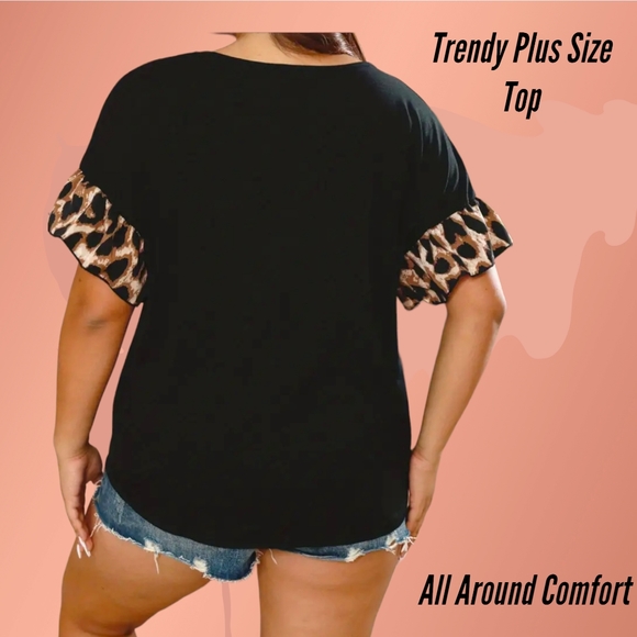GORGEOUS!! Women's Plus Size Black Casual Top with Leopard Print Short Sleeves ✨ - Picture 6 of 11